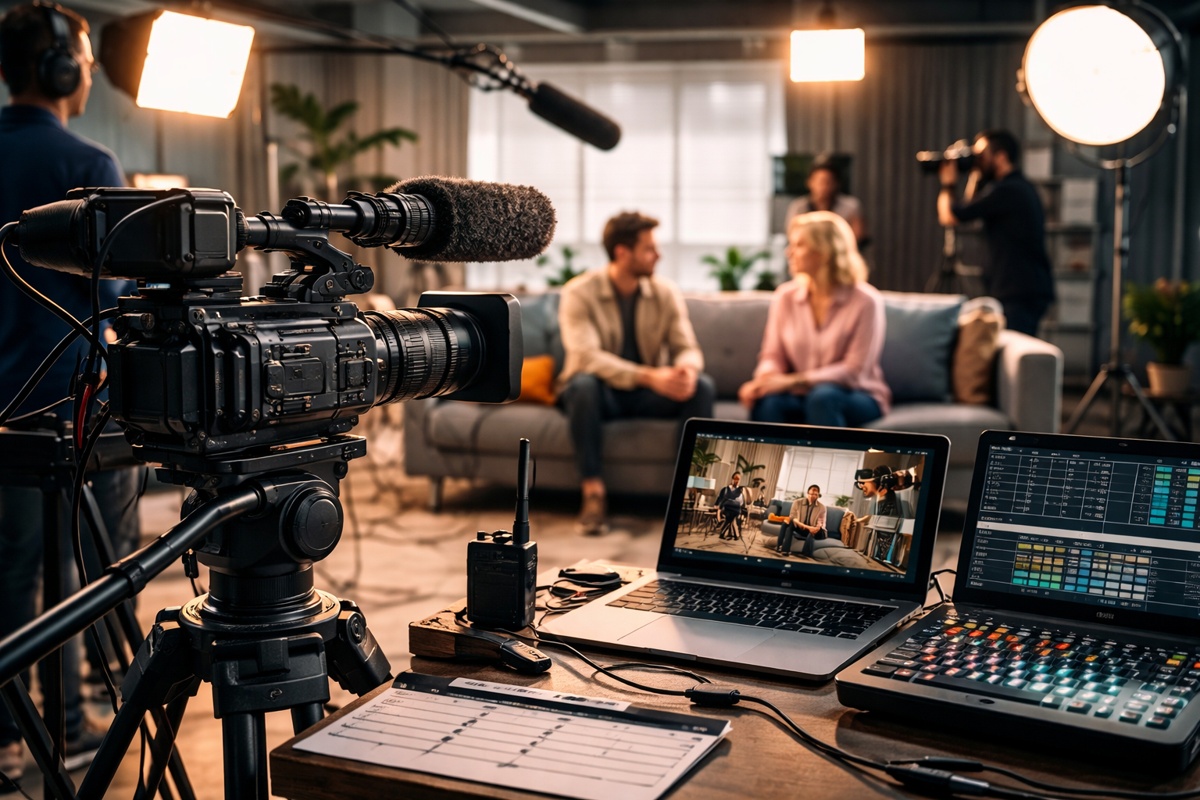 Film production crew filming on location with cinema cameras representing film production insurance