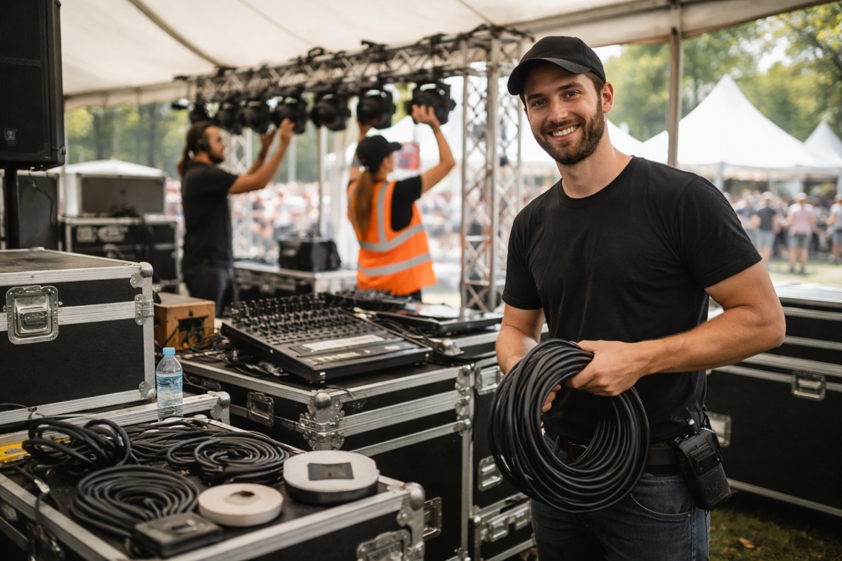 Event suppliers preparing equipment and lighting for an outdoor event with production cases, cables and marquee setup