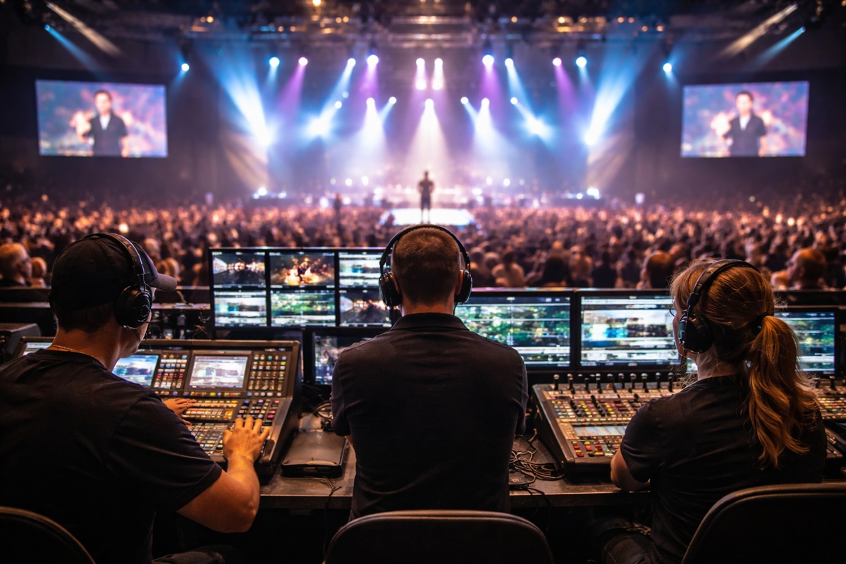 Event production team operating lighting, video and audio controls at a large live event with stage and audience
