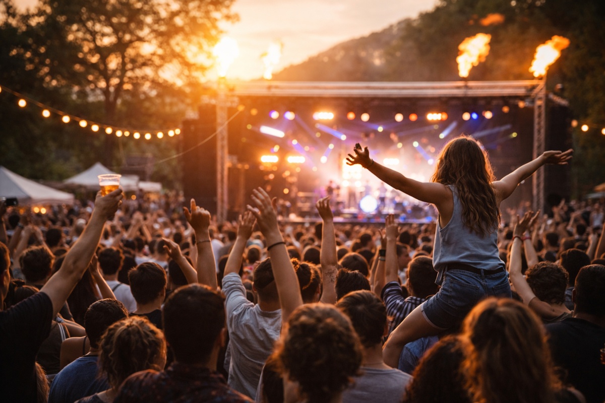 Large live music festival crowd with hands raised as confetti falls and stage lighting illuminates the performance