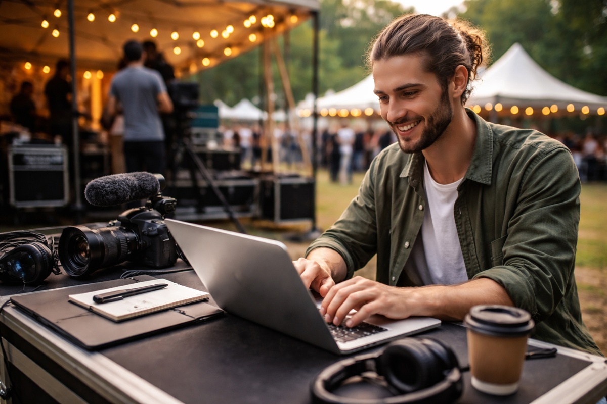 Freelance videographer working on laptop with camera equipment at an outdoor event