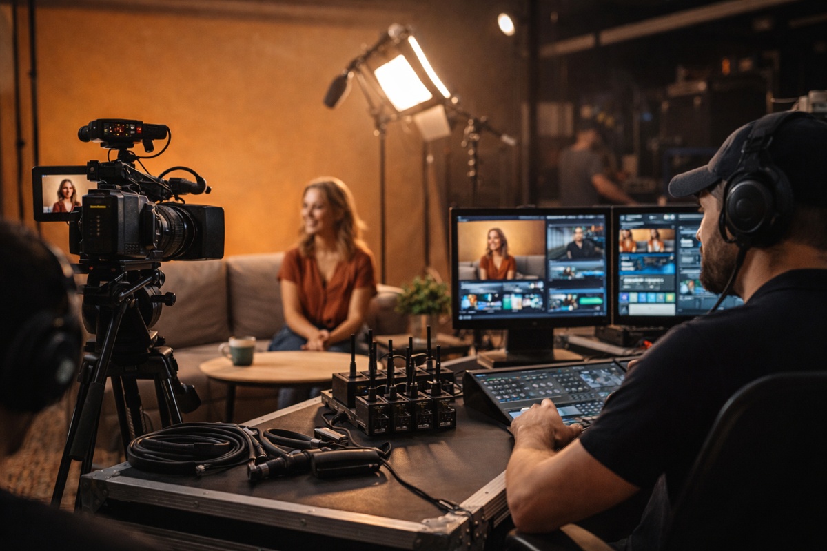 Media production crew filming professional content representing media production insurance