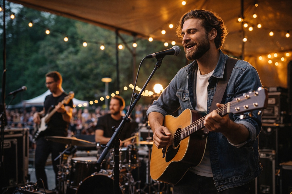 Live band performing at an outdoor event with guitarist singing and musicians playing instruments