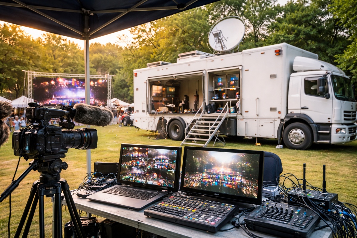 Outside broadcast truck with satellite dish and live production equipment at an outdoor event