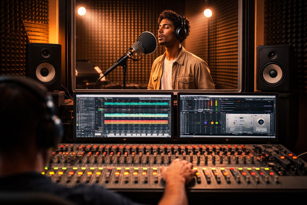 Recording studio mixing desk and audio equipment representing recording studio insurance