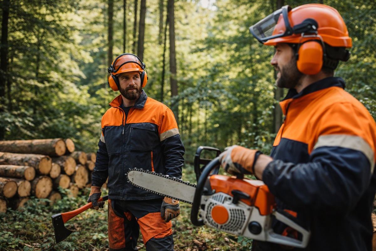 Forestry worker operating chainsaw in UK woodland – arborist public liability insurance